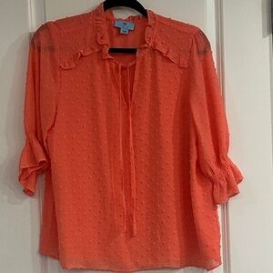 CeCe Coral Dot-Textured Ruffle Tie-Neck Blouse
